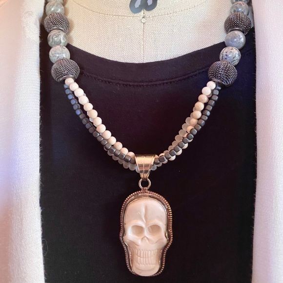 💀 LOYAL MUSE Handcrafted Skull Beaded Necklace. Stormy Jasper & Silver. - Picture 2 of 8